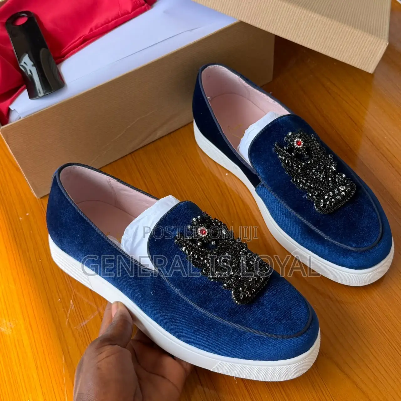 Black Velvet Slip-on Shoes With Embellished Crystal Detailing on Vamp