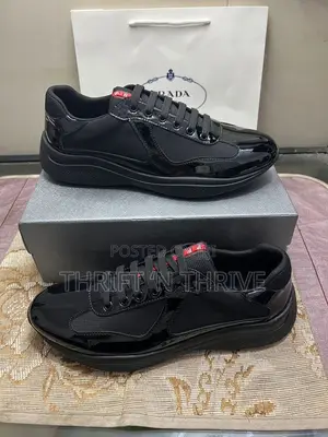 All Black Patent Leather Prada America's Cup Low-Top Sneakers