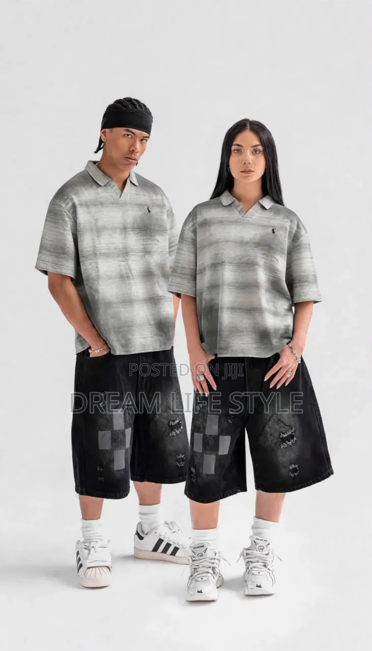 Oversized Ombre Gradient Knit Polo Shirt – Charcoal/Grey