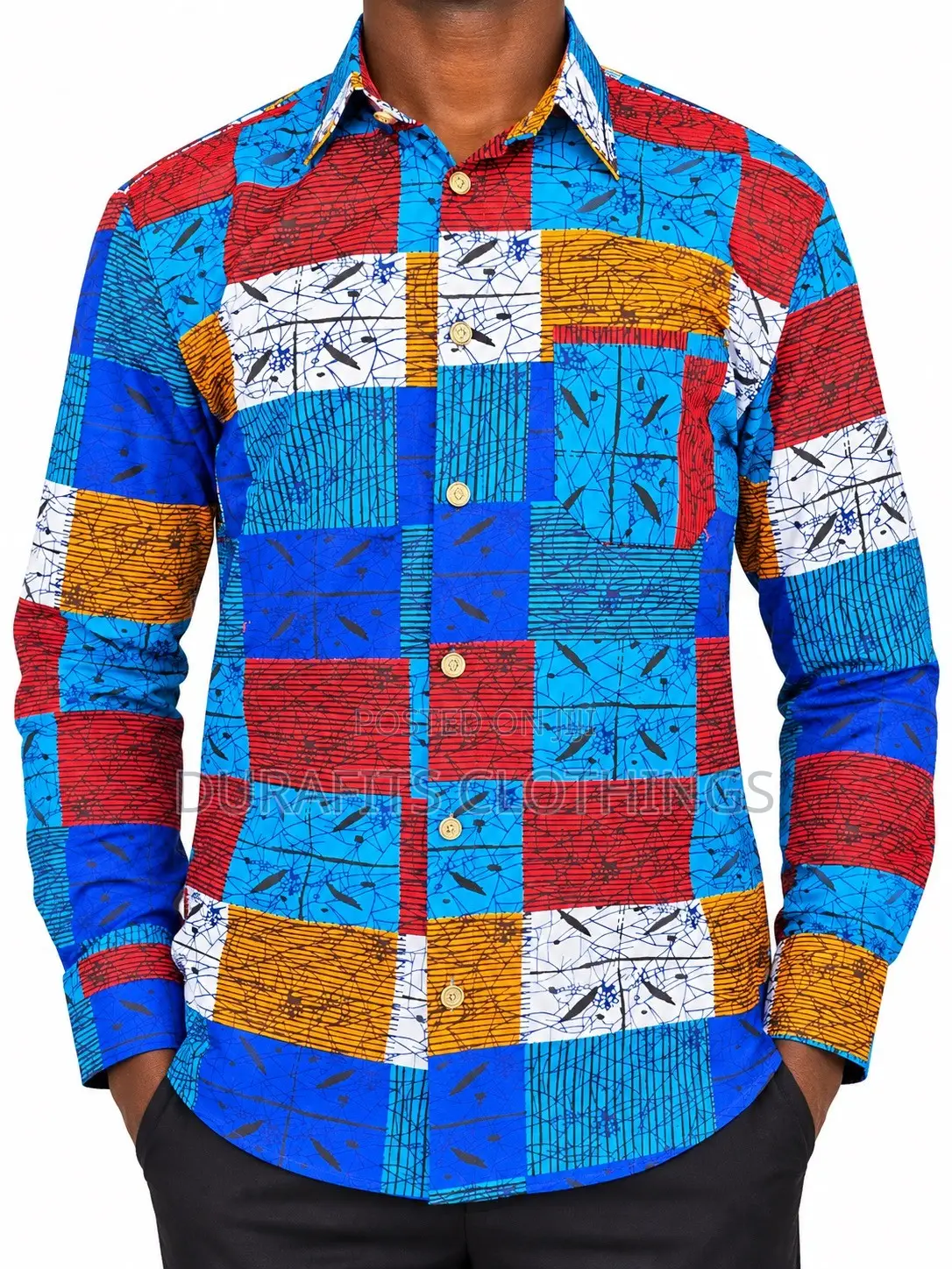 Men’s Vibrant Ankara & Kente Patchwork Long-Sleeve Shirt