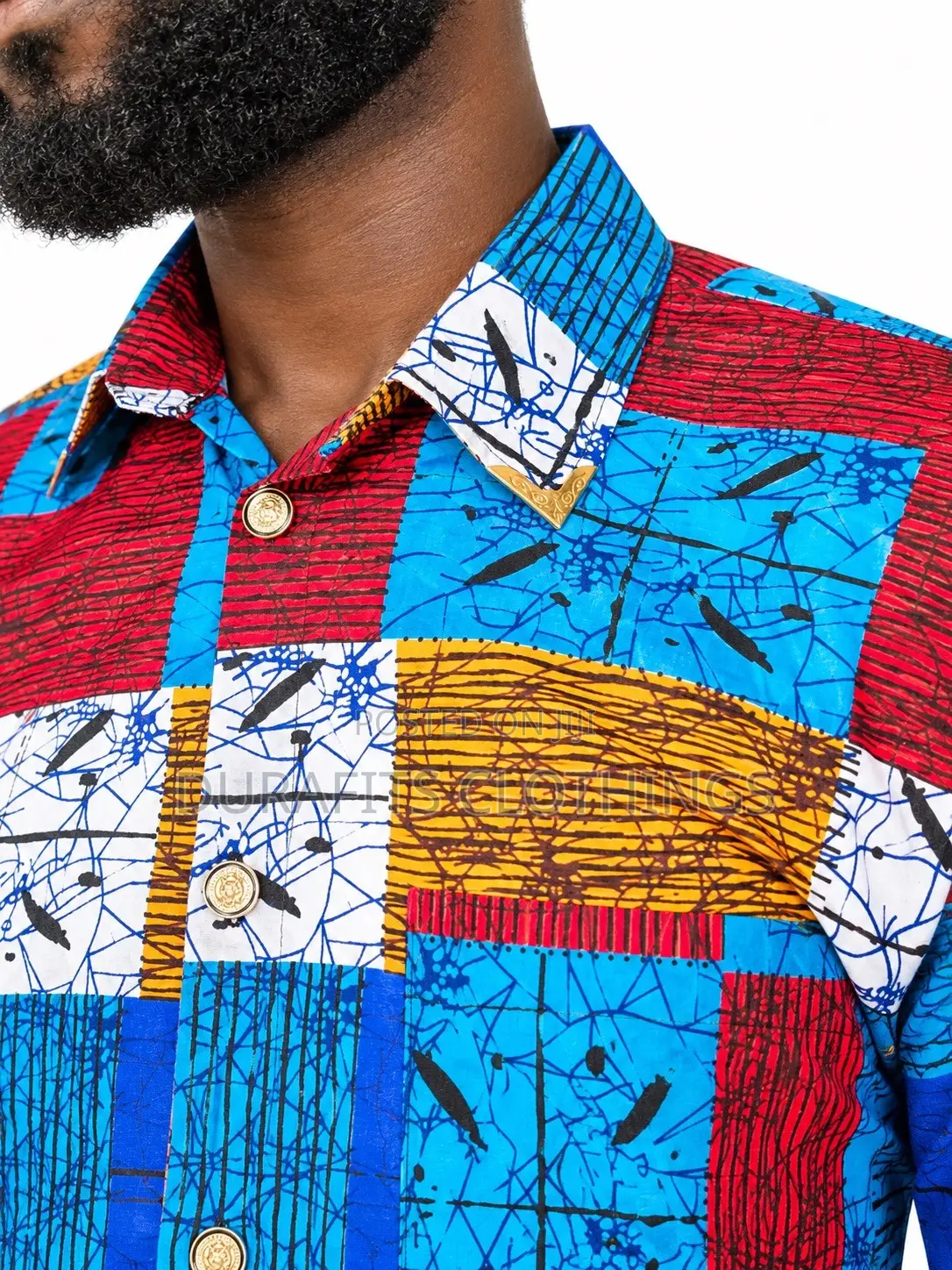 Men’s Vibrant Ankara & Kente Patchwork Long-Sleeve Shirt