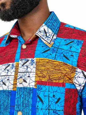 Men’s Vibrant Ankara & Kente Patchwork Long-Sleeve Shirt