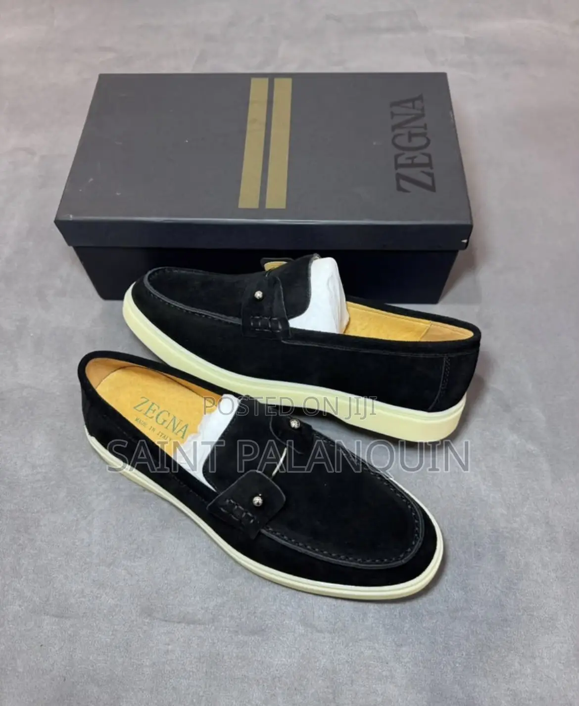 Black Suede Slip-on Shoes With Metallic Button