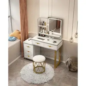 Modern White & Gold Vanity Dressing Table Set Mirror With Stool