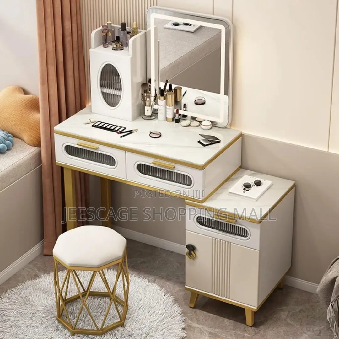 Modern White & Gold Vanity Dressing Table Set Mirror With Stool