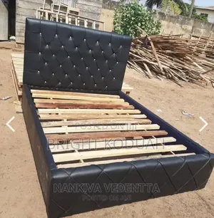 Black Battens Leather Double Bed Frame