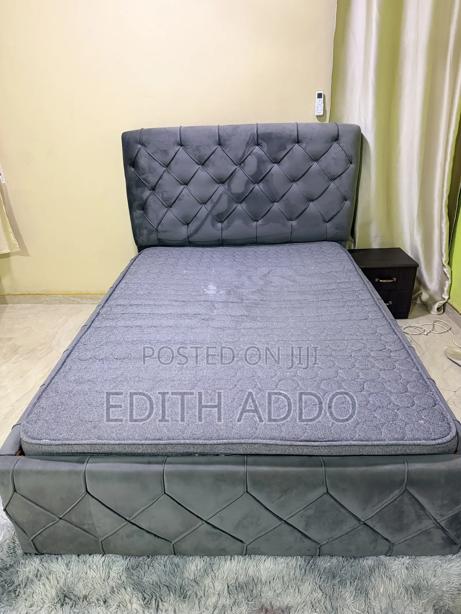 Complete Bedroom Set – Grey Bed, Bedside Drawer & Full-Length Mirro