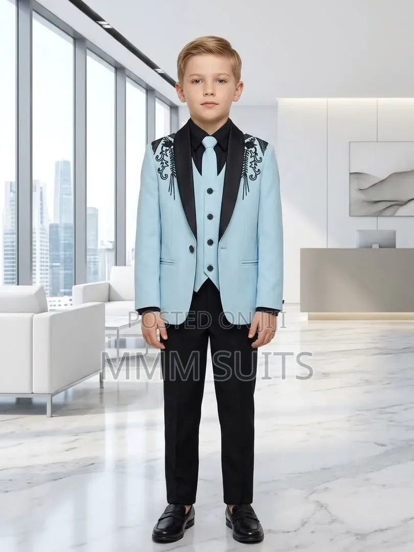 Quality 3-Piece Designer Children Boys Suit in Sea Blue