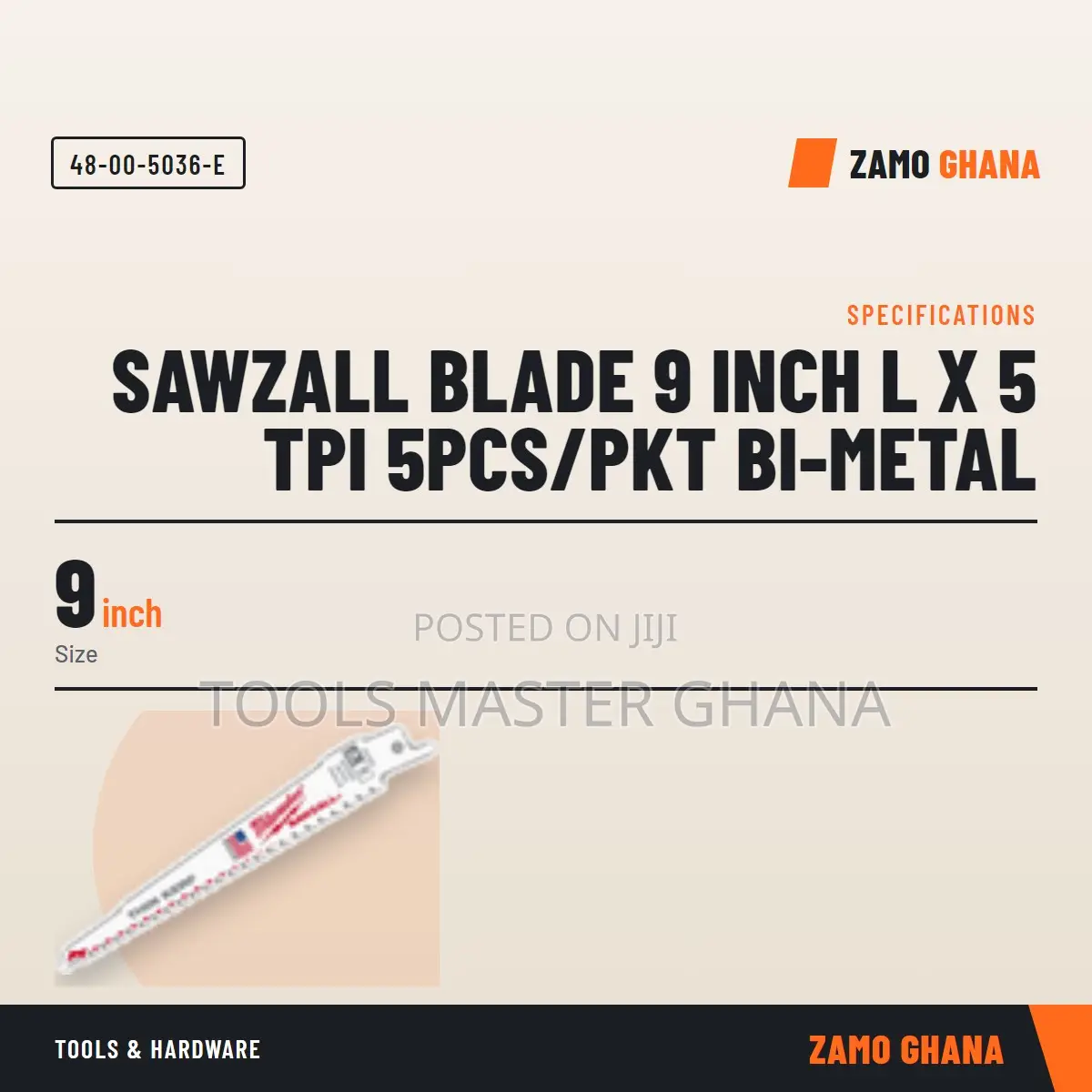 Sawzall Blade 9 Inch L X 5 Tpi 5Pcs/PKT Bi-Metal - 48-00-5036-E