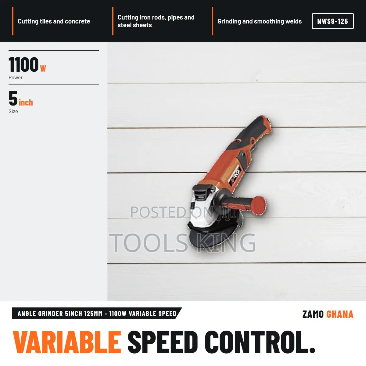 Angle Grinder 5Inch 125Mm - 1100W Variable Speed - NWS9-125