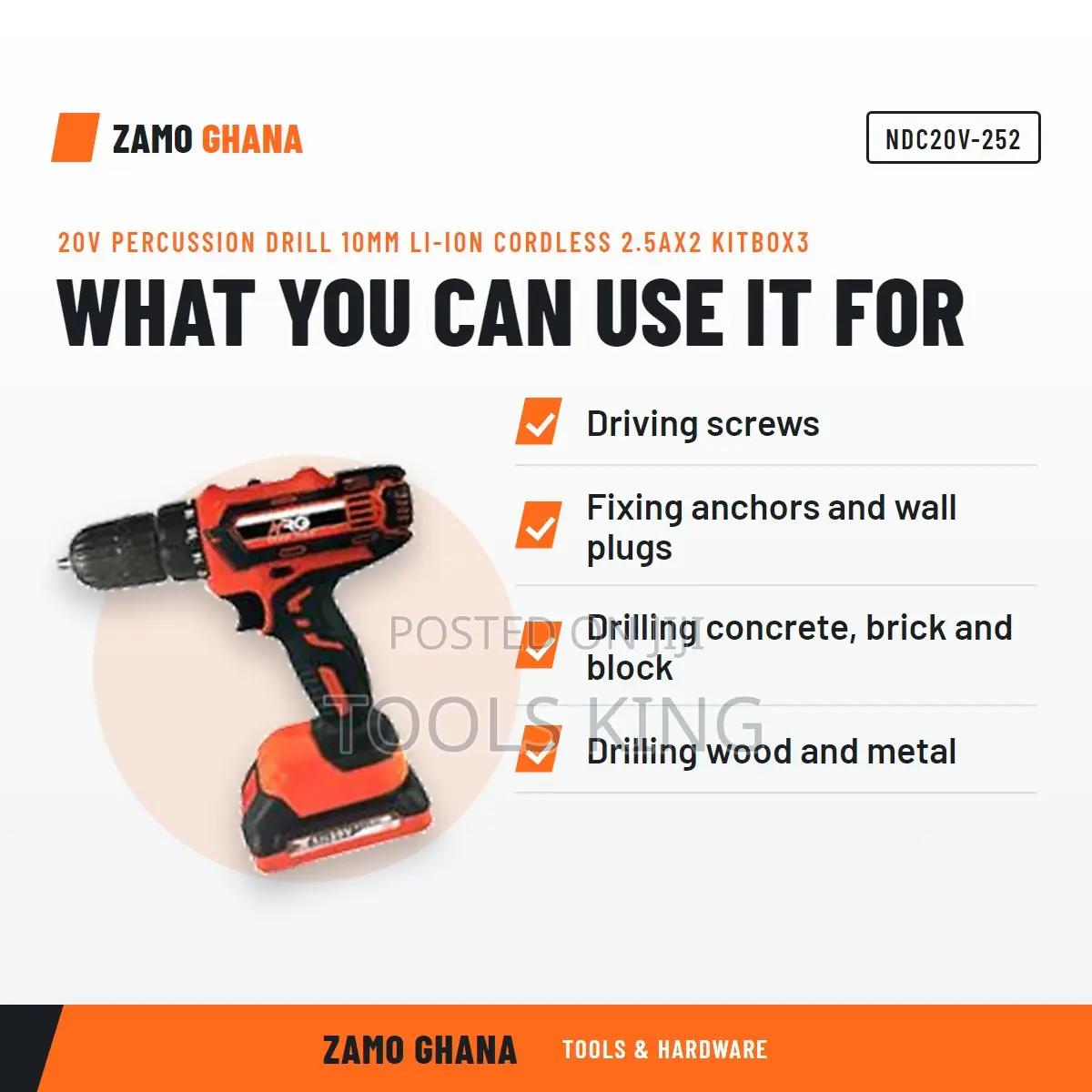 20V Percussion Drill 10Mm Li-Ion Cordless 2.5Ax2 Kitbox3 - NDC20V-252
