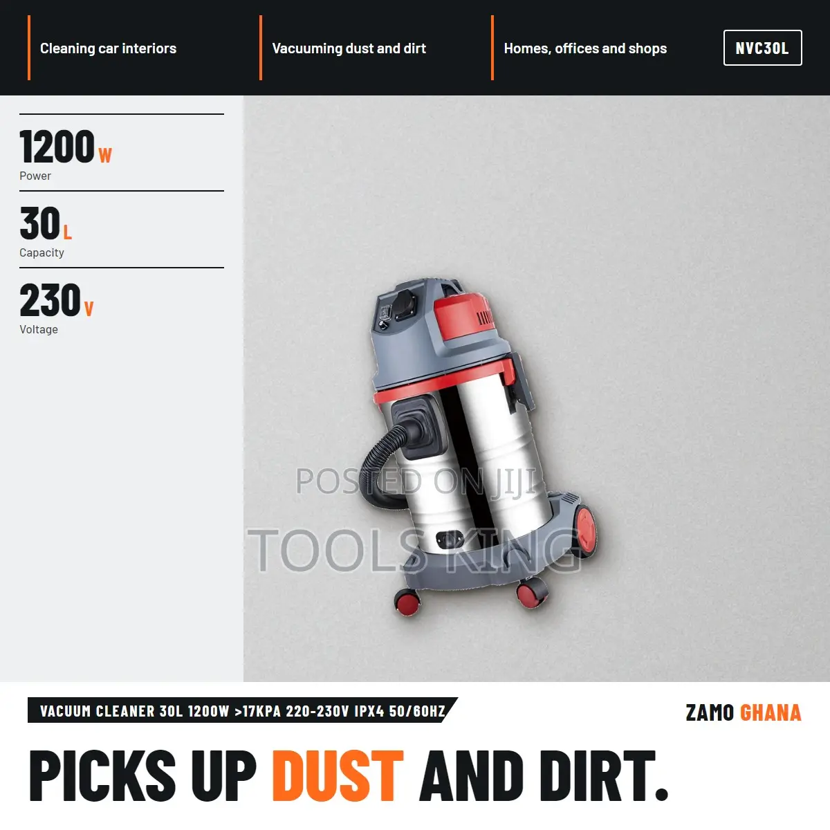 Vacuum Cleaner 30L 1200W >17Kpa 220-230v Ipx4 50/60Hz - NVC30L