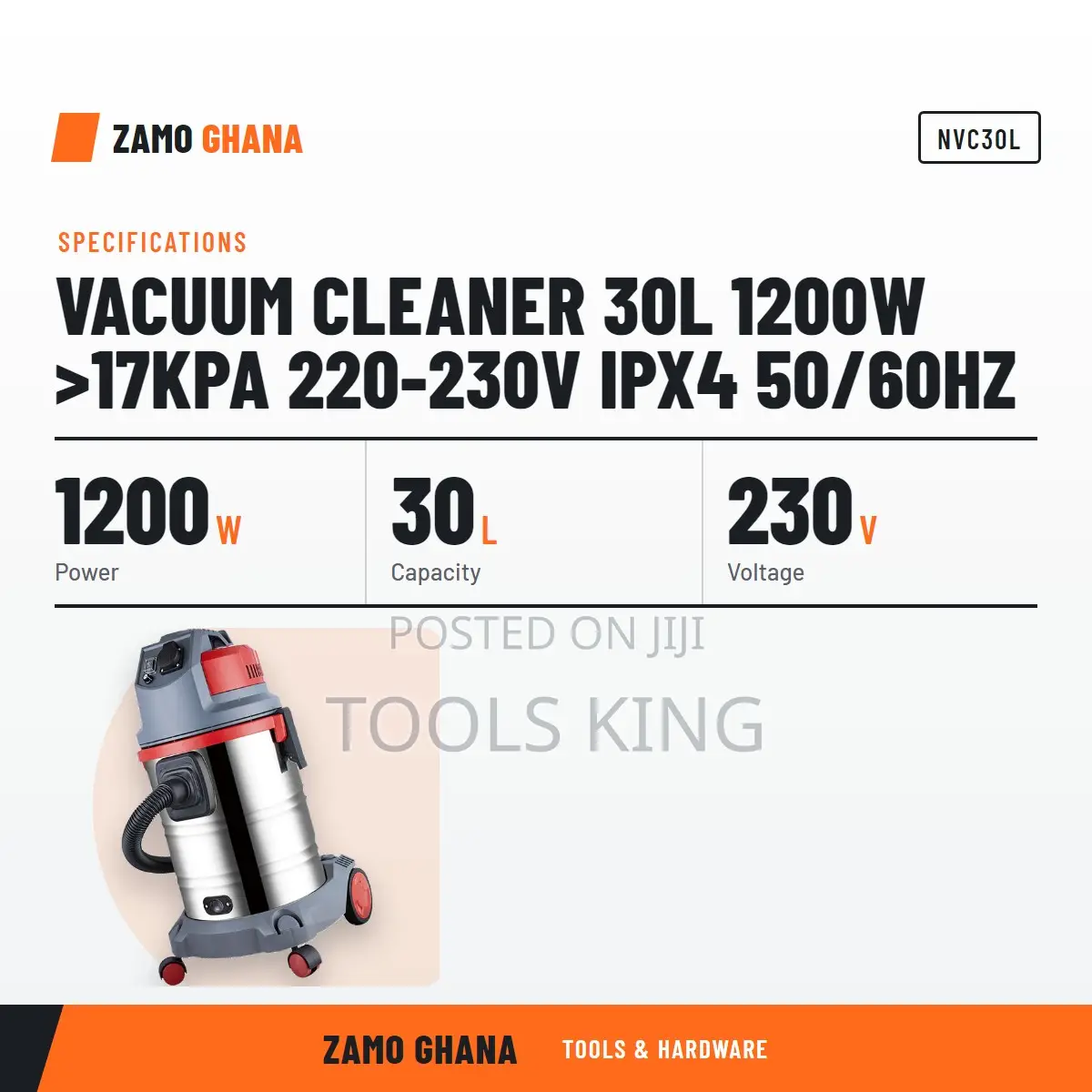 Vacuum Cleaner 30L 1200W >17Kpa 220-230v Ipx4 50/60Hz - NVC30L