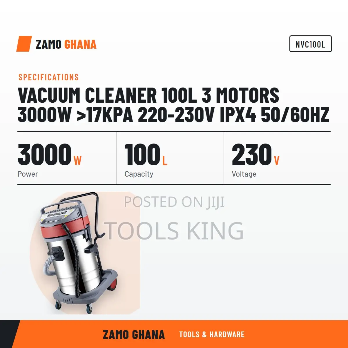 Vacuum Cleaner 100L 3 Motors 3000W >17Kpa 220-230v Ipx4 50/6 - NVC100L