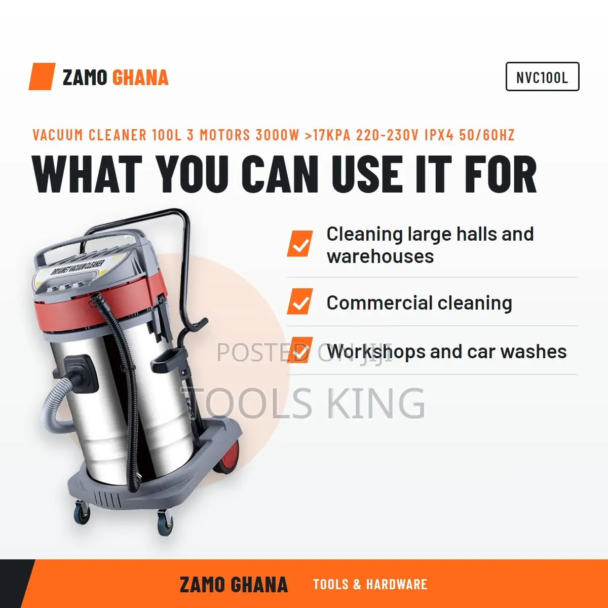 Vacuum Cleaner 100L 3 Motors 3000W >17Kpa 220-230v Ipx4 50/6 - NVC100L