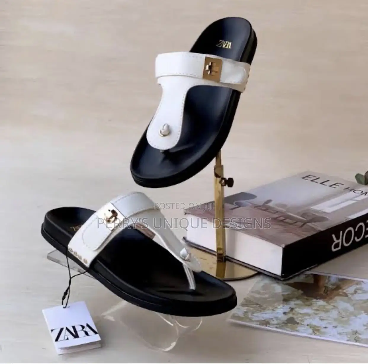 • Zara Women's Flat T-Strap - White Leather With Gold Hardware Clasp