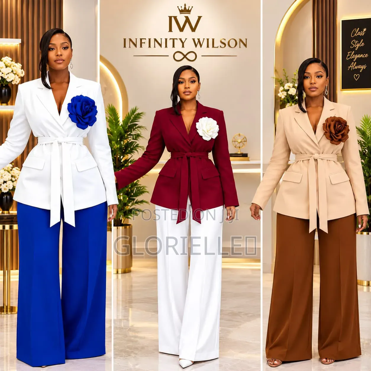 Chic Women's Blazer & Wide-Leg Trouser Set With Rose Accent