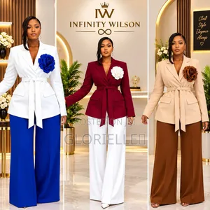 Chic Women's Blazer & Wide-Leg Trouser Set With Rose Accent