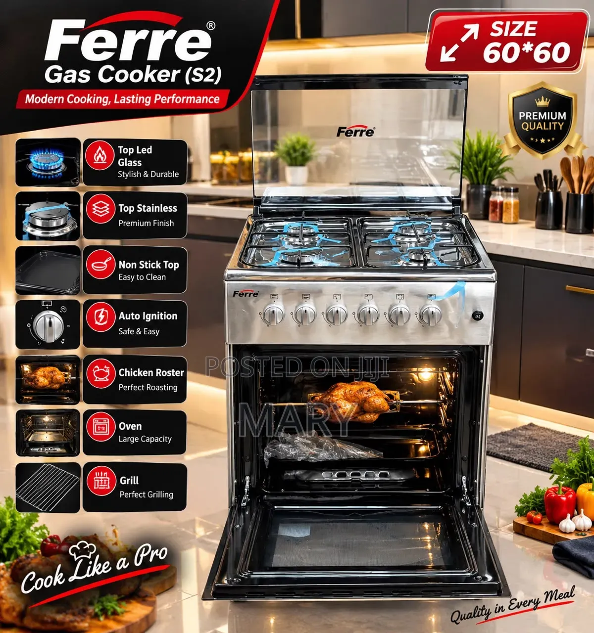 Rainbow/Volcano/Royal Tech 60*60 (60 by 60) Gas Burner Oven
