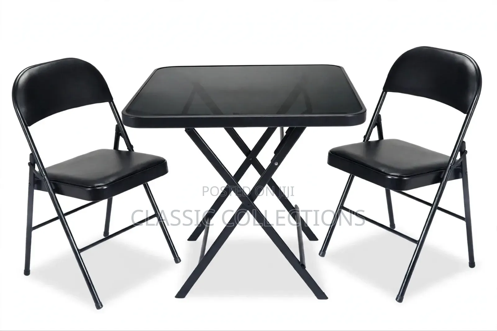 3-Piece Black Glass Folding Bistro Set-70×70 Table and 2 Padded Chairs