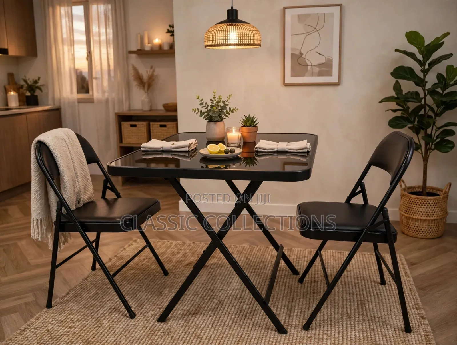 3-Piece Black Glass Folding Bistro Set-70×70 Table and 2 Padded Chairs