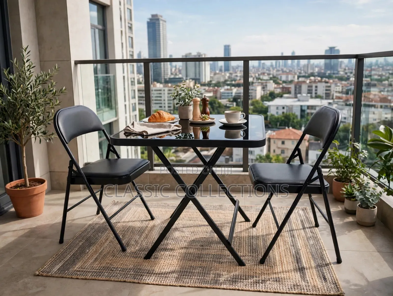 3-Piece Black Glass Folding Bistro Set-70×70 Table and 2 Padded Chairs