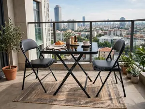 3-Piece Black Glass Folding Bistro Set-70×70 Table and 2 Padded Chairs