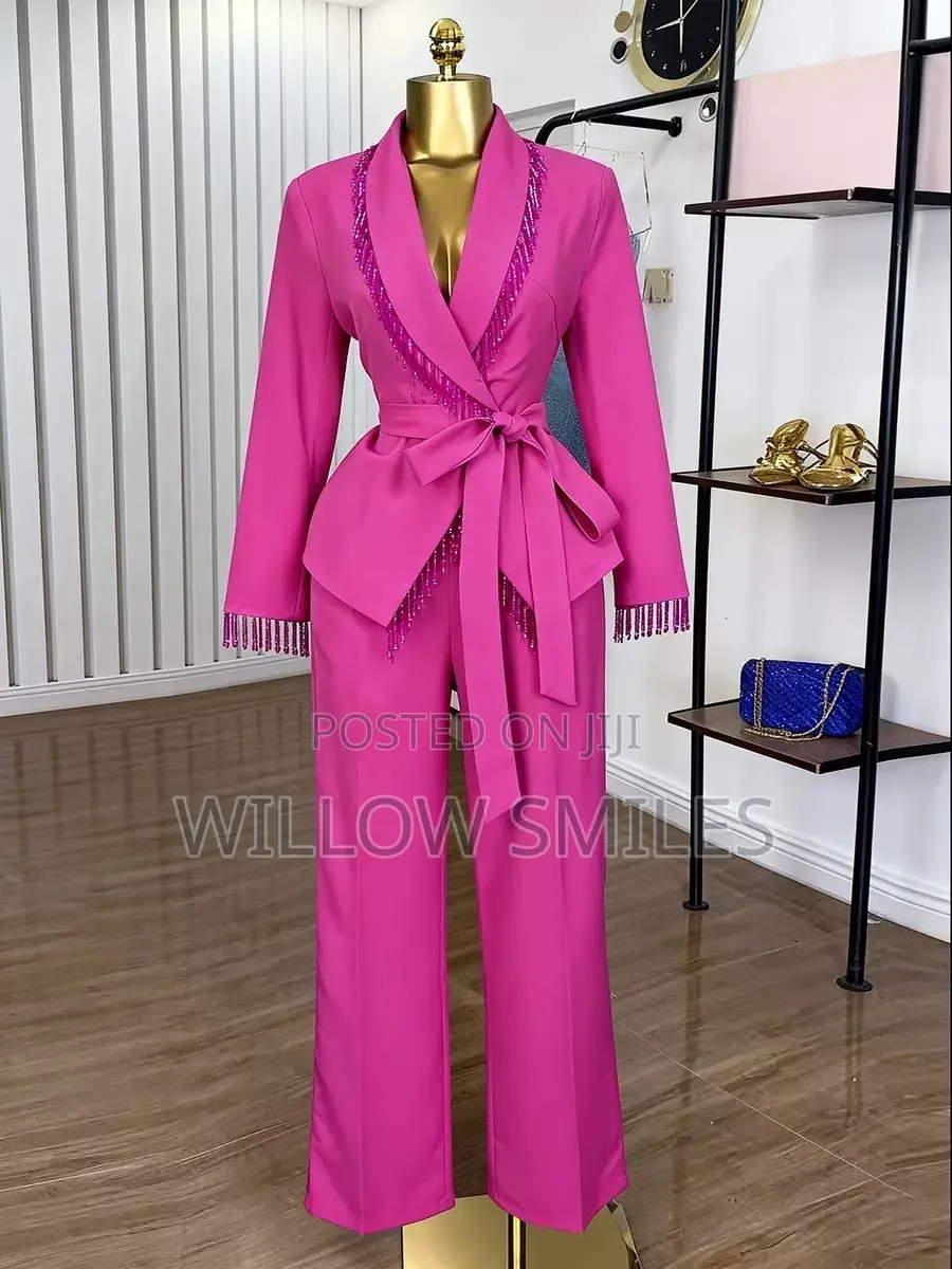 Elegant Beaded Ladies Blazer Suit With Trousers and Belt