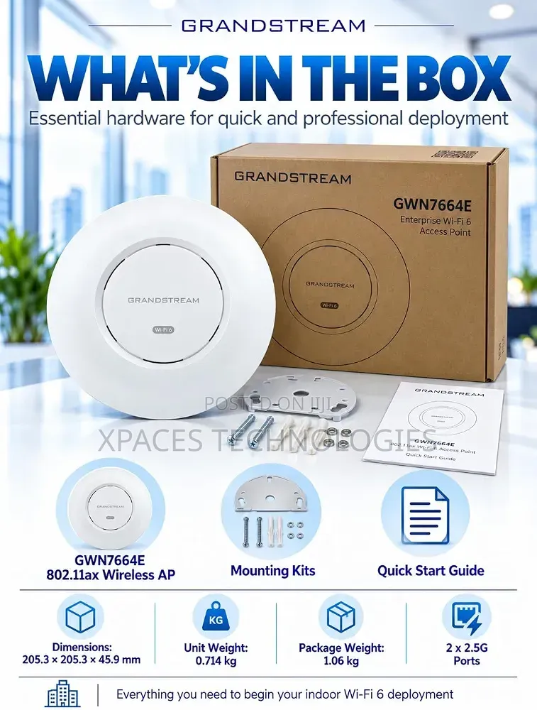 Grandstream GWN7664E 802.11ax, AX6000, 2 X 2.5 Gbe Ports, Wi-Fi 6 AP