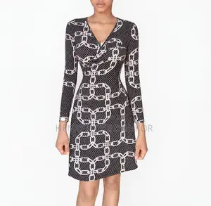 Ladies Black & White Chain Print v-Neck Bodycon Dress - Size S`