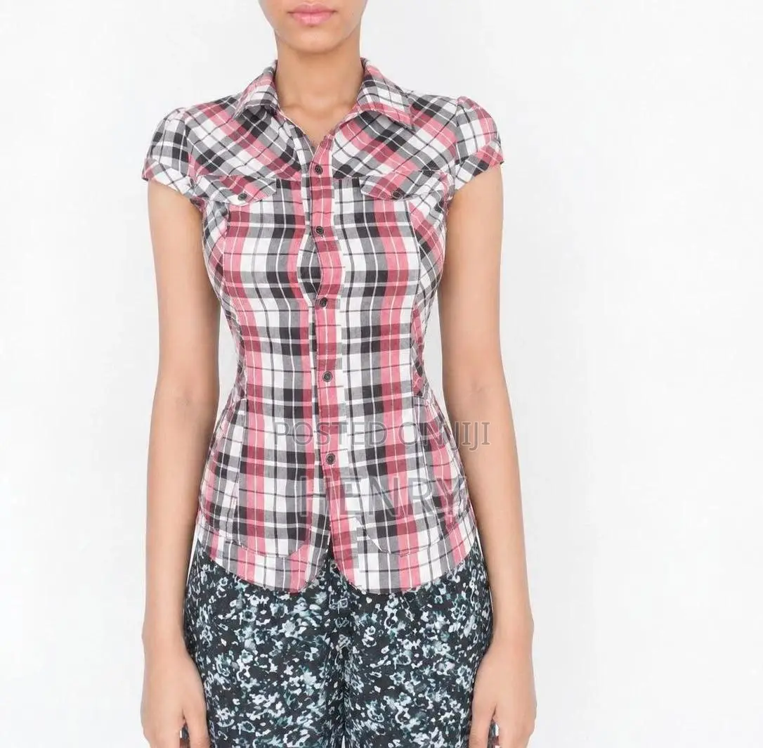Ladies Checkered Office Top Red Black S/M
