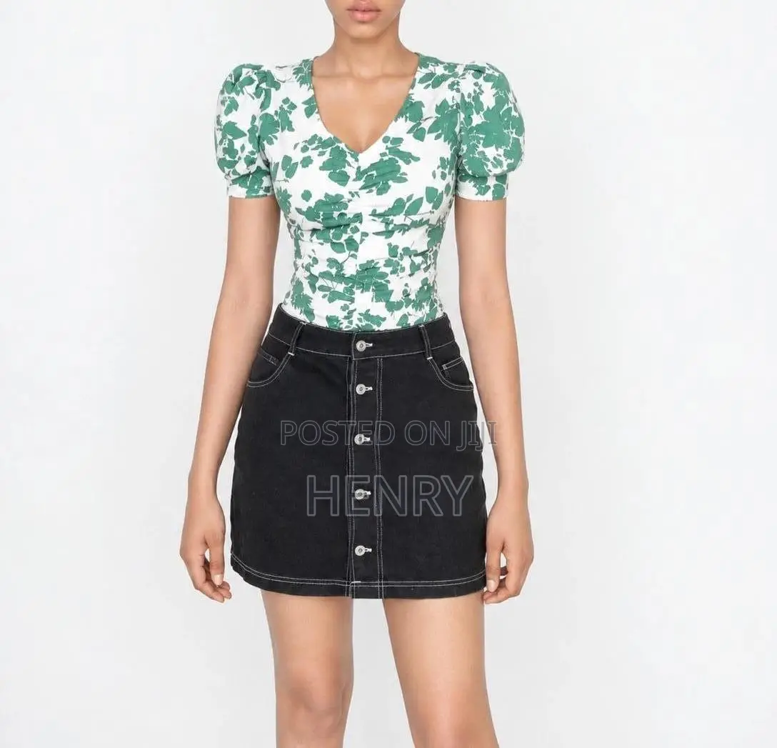 Black Denim Button Front Mini Skirt - High Waist - Size S/M