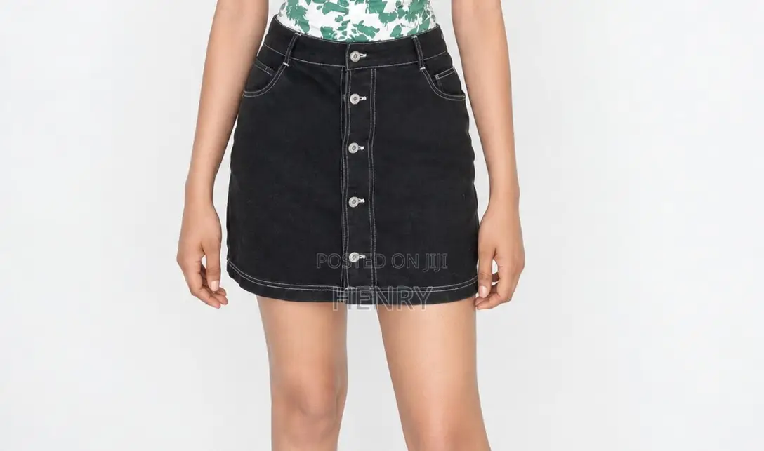 Black Denim Button Front Mini Skirt - High Waist - Size S/M