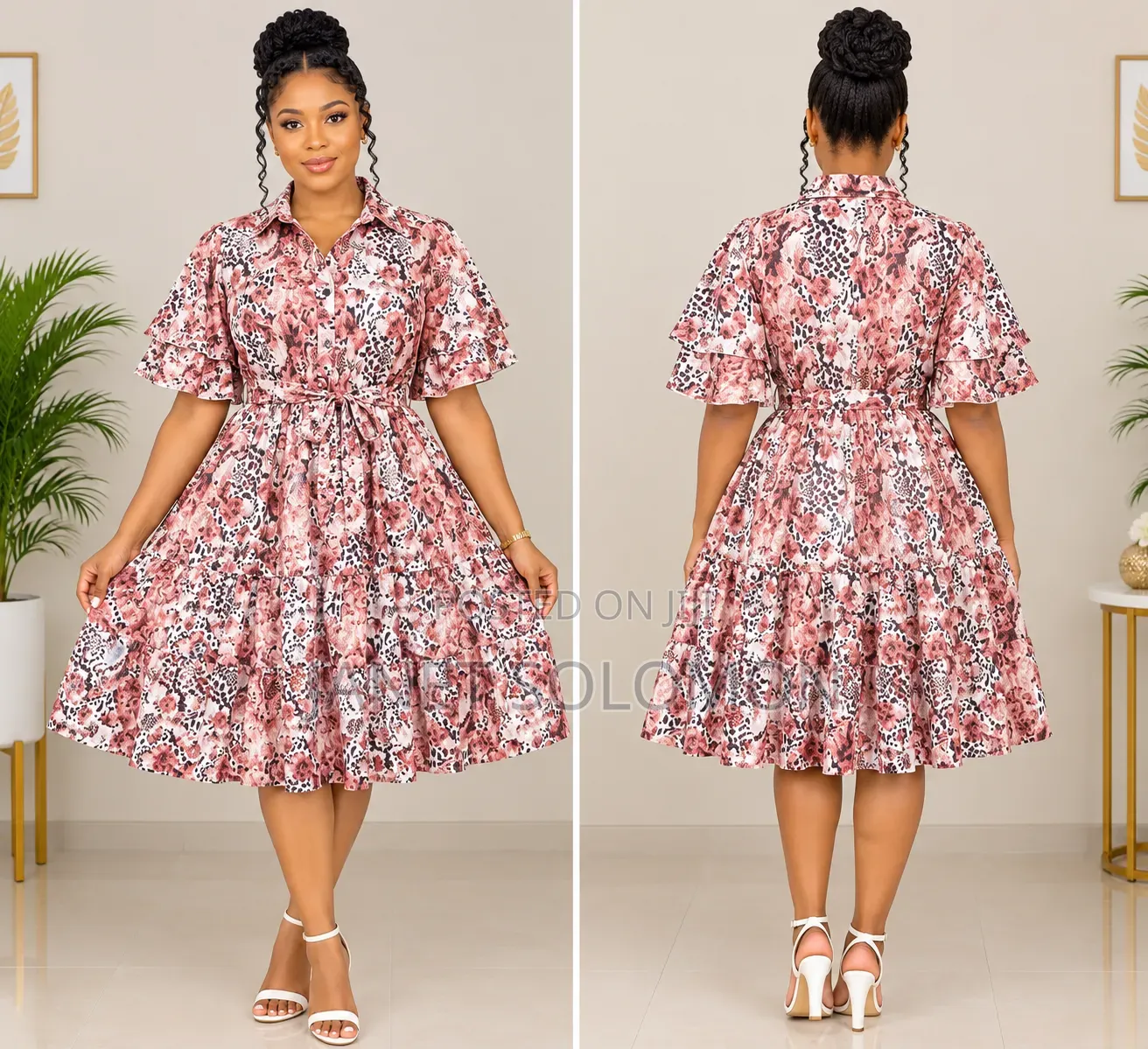 Ladies' Leopard Floral Midi Dress With Belt