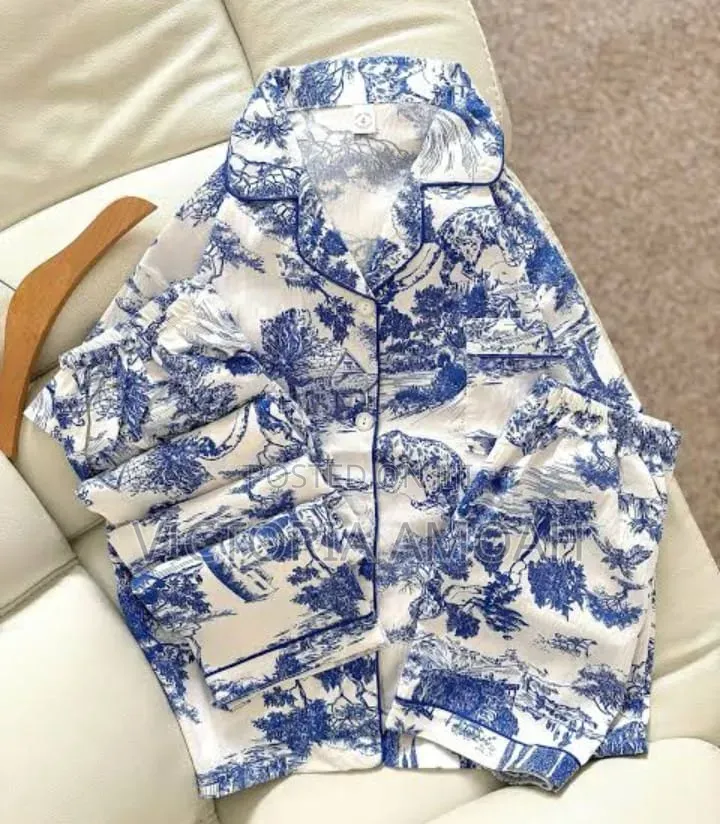 A Blue- And-White Toile De Jouy Print Pajama Set.