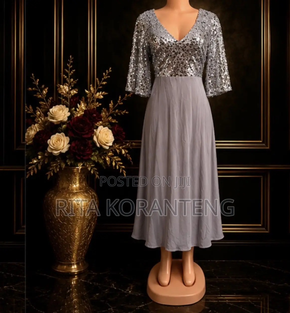 UK Silver Sequin + Grey Chiffon Dress 