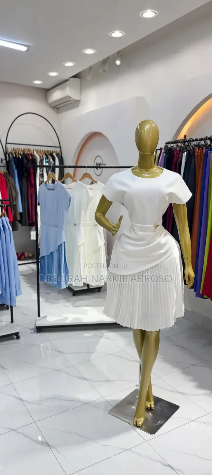 White Pleated Draped Office Dress With Gold Buckle