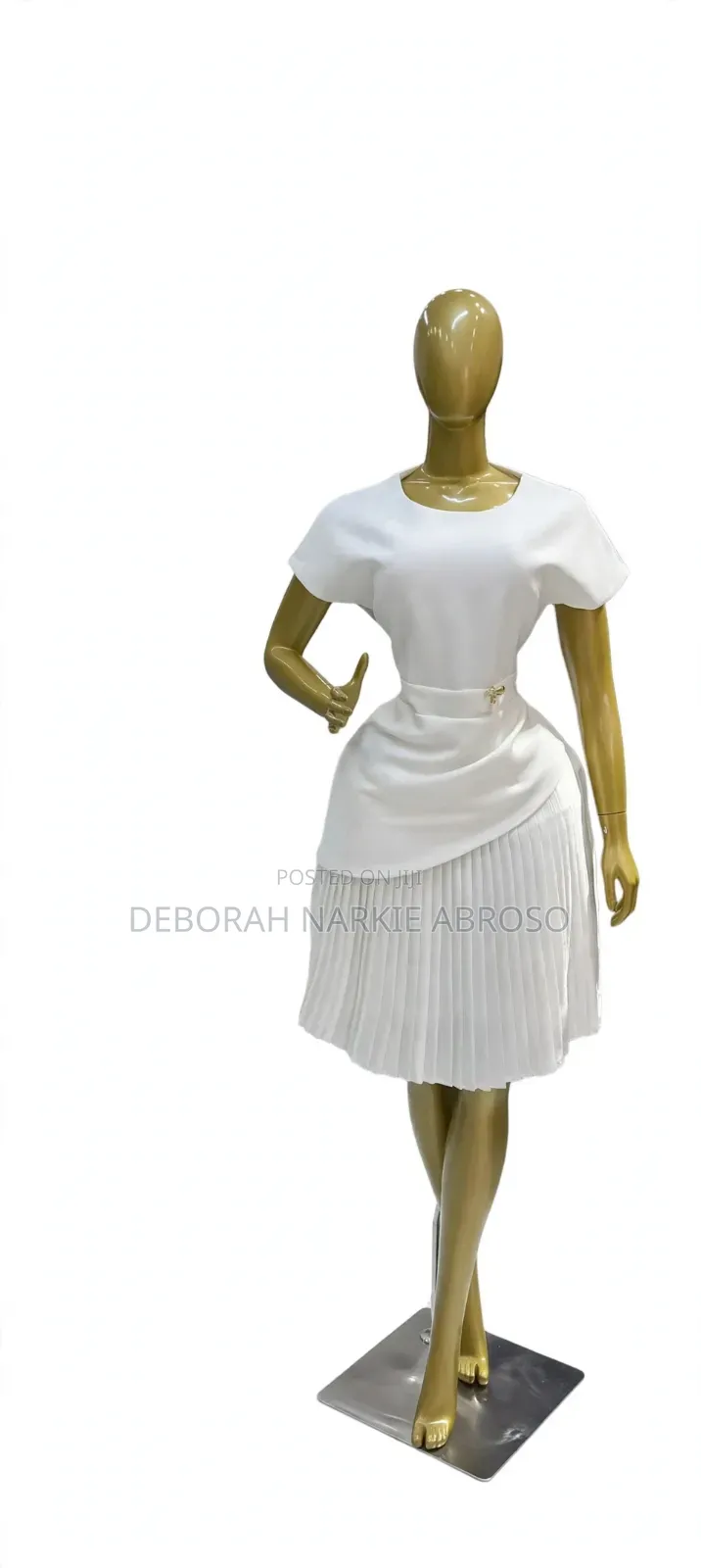 White Pleated Draped Office Dress With Gold Buckle