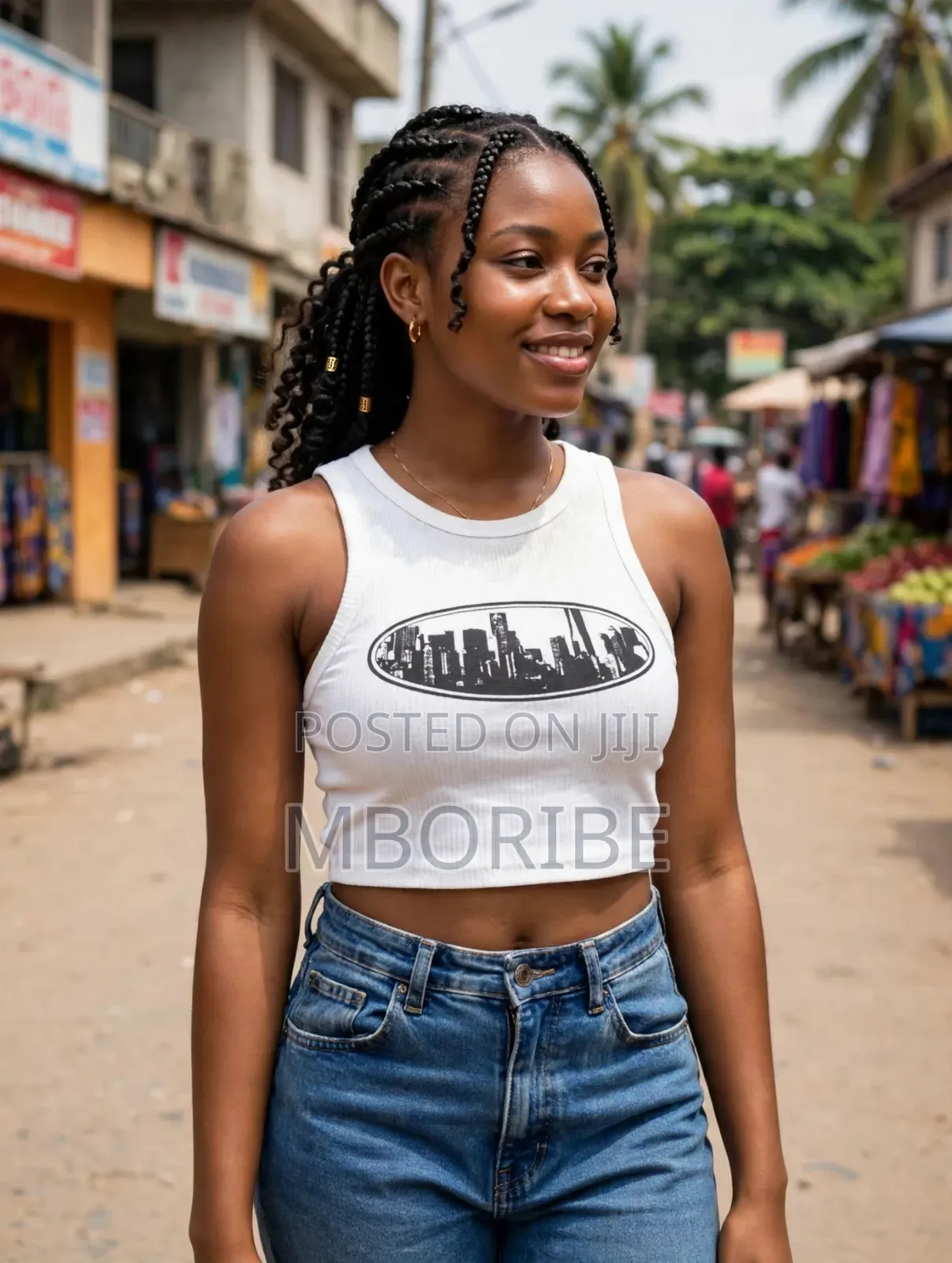 White Ribbed Crop Top - City Skyline