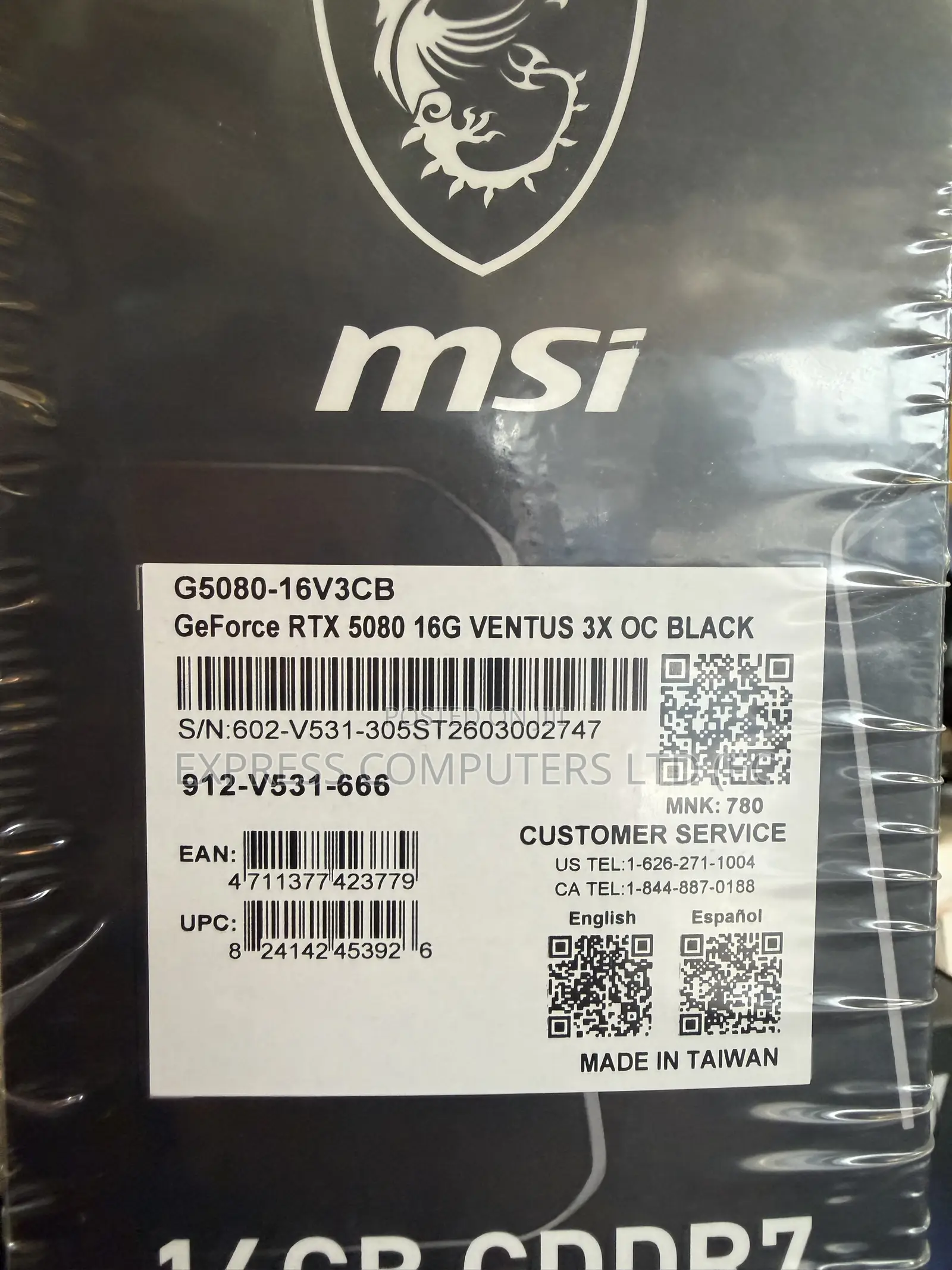 MSI Nvidia RTX 5080 16GB Ventus 3x Oc Black Gddr7 Pcie Gen 5 4k Ultra