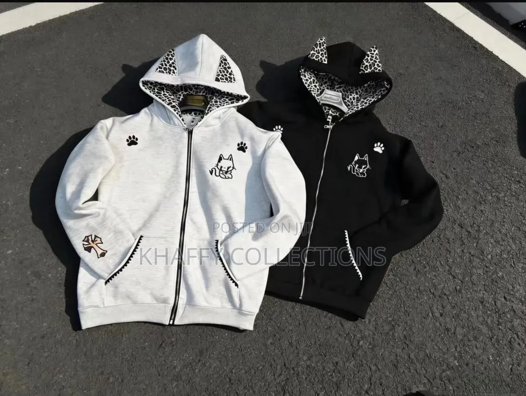 Cat Ear Zip Hoodie - Black & White - Unisex
