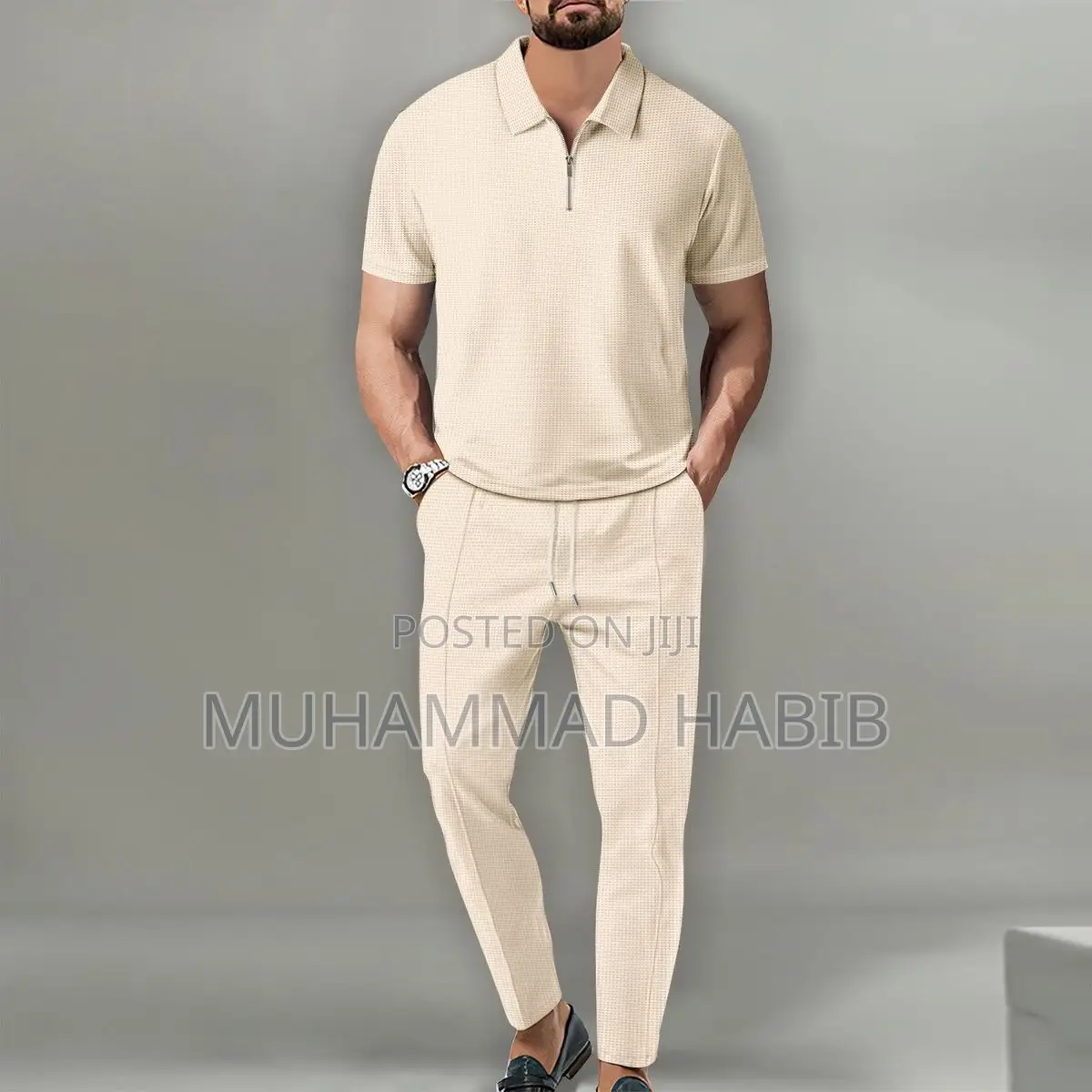 Autumn New Arrival Men’s Solid Color Waffle-Knit Set Short-Sleeve