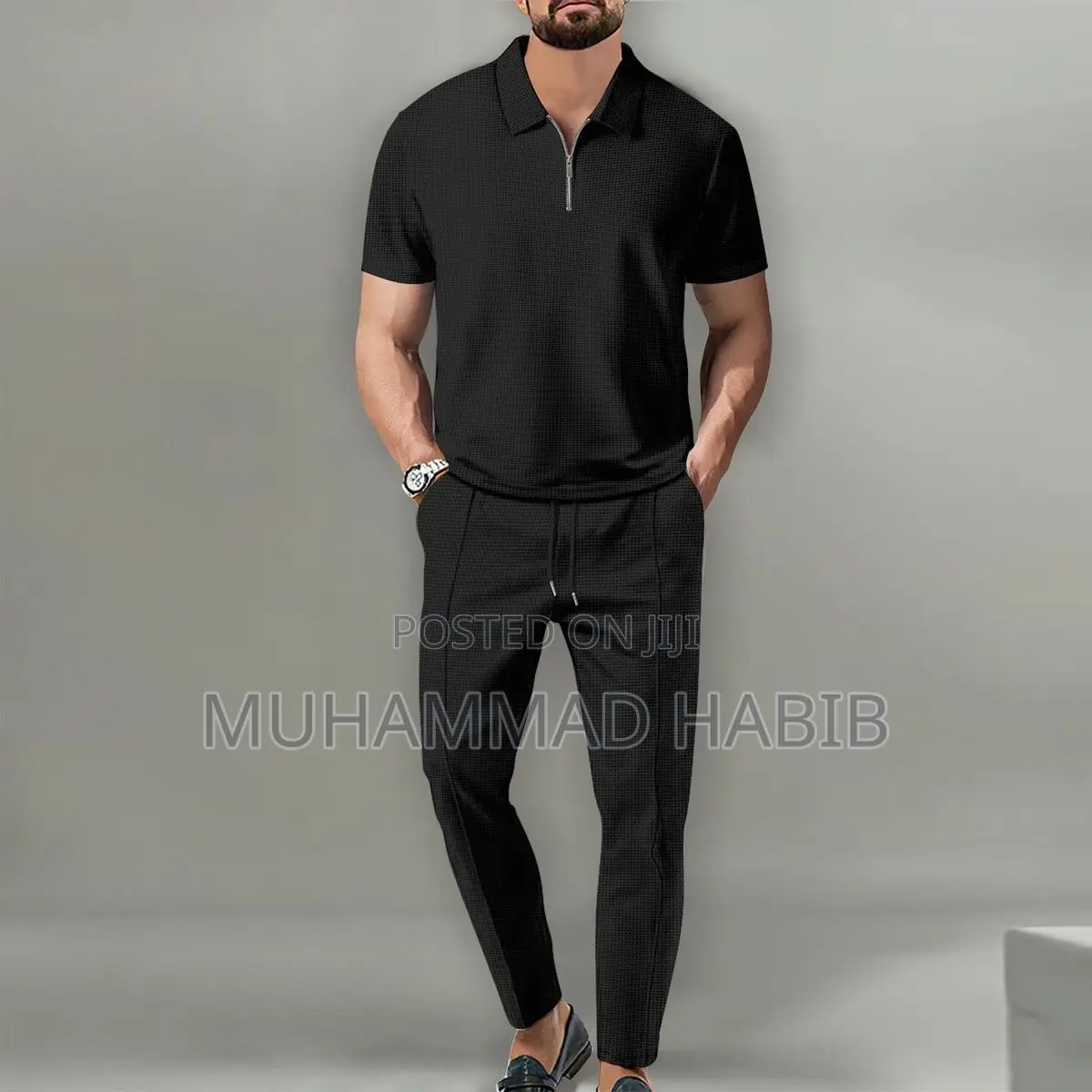Autumn New Arrival Men’s Solid Color Waffle-Knit Set Short-Sleeve