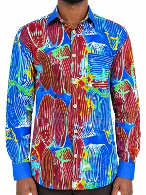 Men’s Long-Sleeve Vibrant Batik Abstract Print Shirt