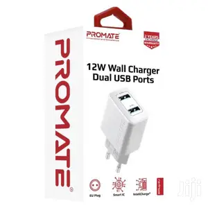 Promate Biplug 12W Wall Charger With Dual USB Ports(White)