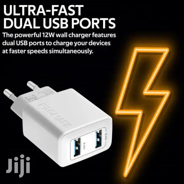 Promate Biplug 12W Wall Charger With Dual USB Ports(White)